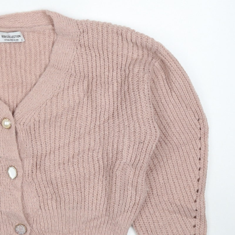 BSB Collection Women’s Pink S Chunky Knit V-Neck Button Cardigan