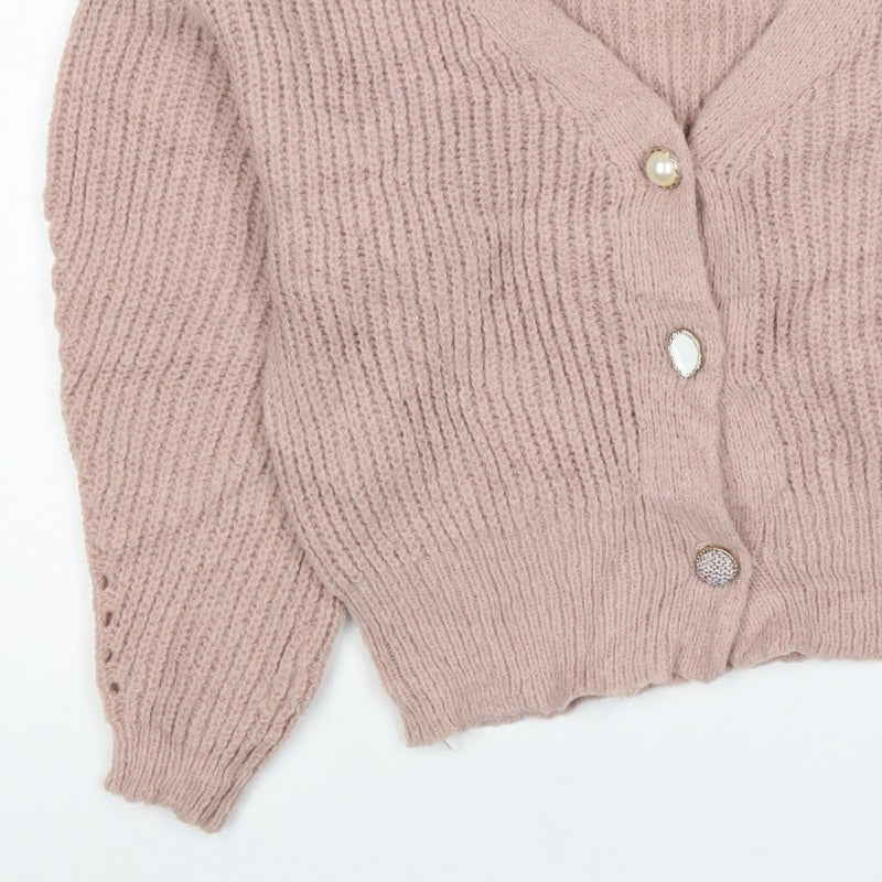 BSB Collection Women’s Pink S Chunky Knit V-Neck Button Cardigan