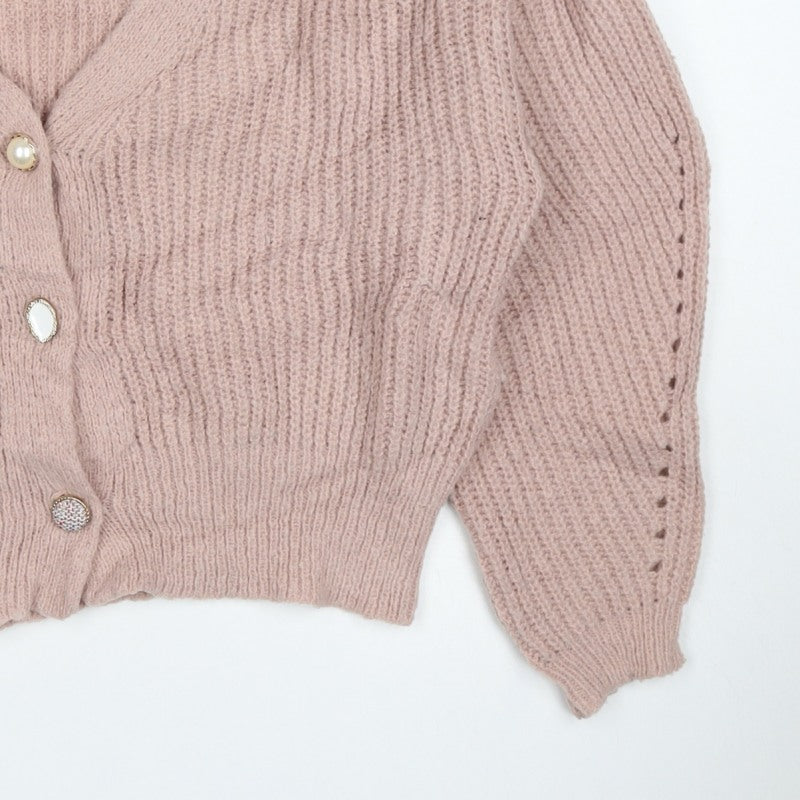 BSB Collection Women’s Pink S Chunky Knit V-Neck Button Cardigan