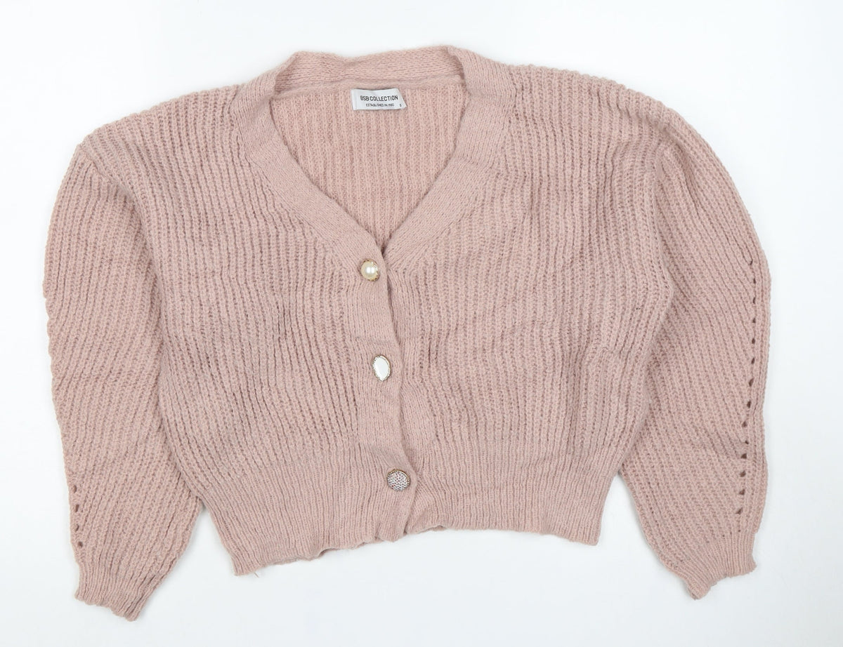 BSB Collection Women’s Pink S Chunky Knit V-Neck Button Cardigan