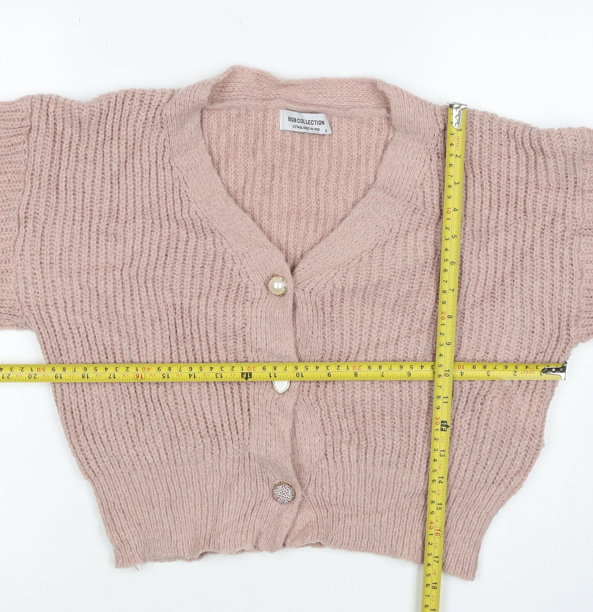 BSB Collection Women’s Pink S Chunky Knit V-Neck Button Cardigan