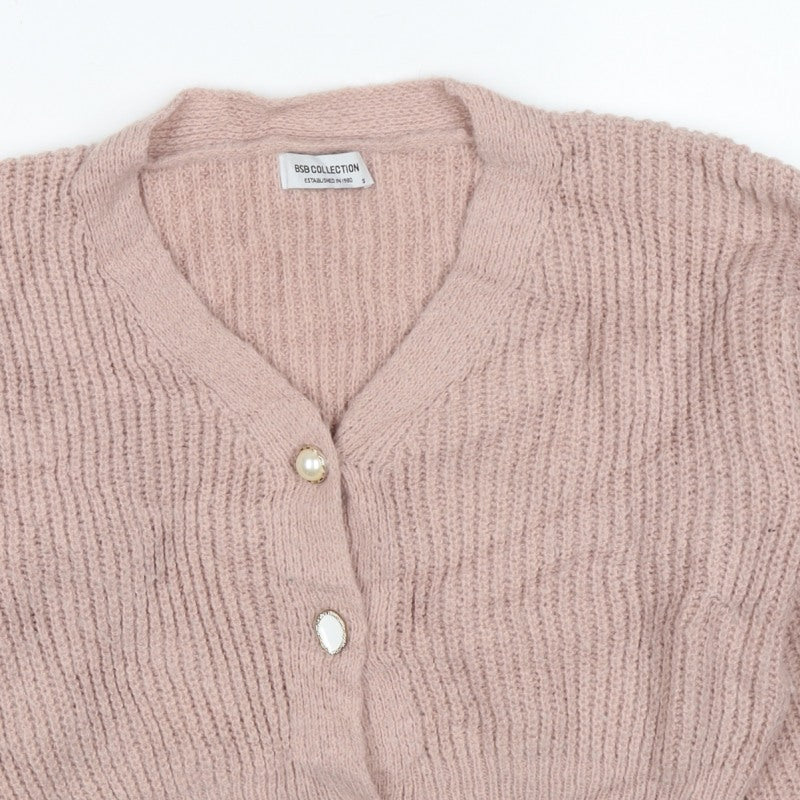 BSB Collection Women’s Pink S Chunky Knit V-Neck Button Cardigan