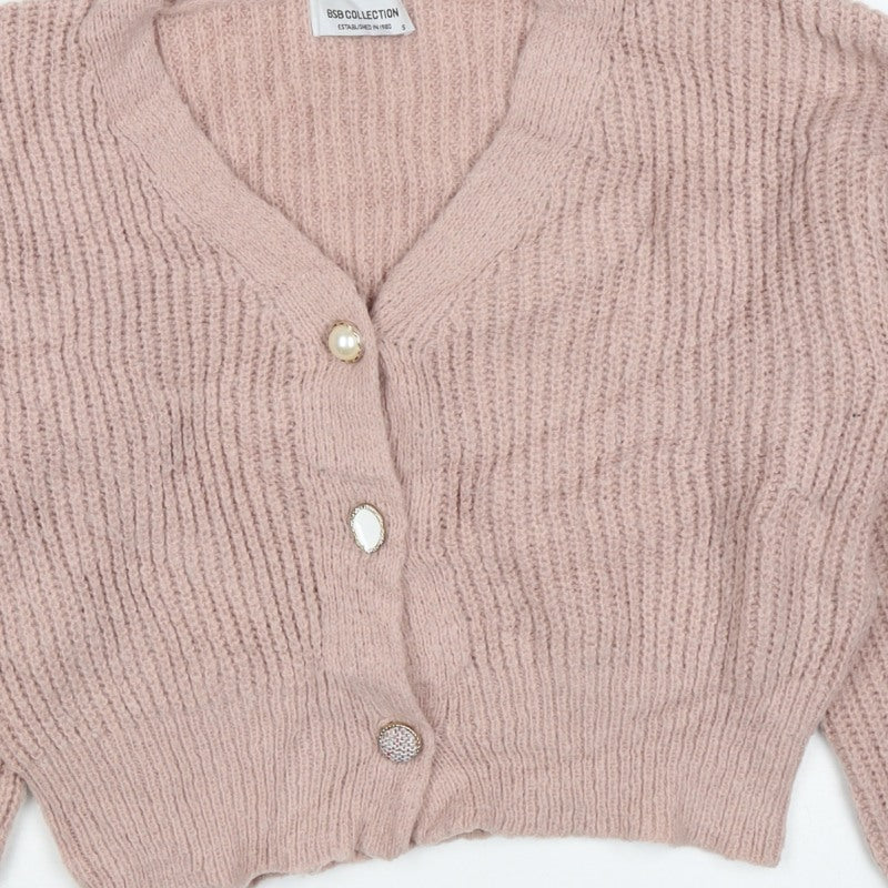 BSB Collection Women’s Pink S Chunky Knit V-Neck Button Cardigan