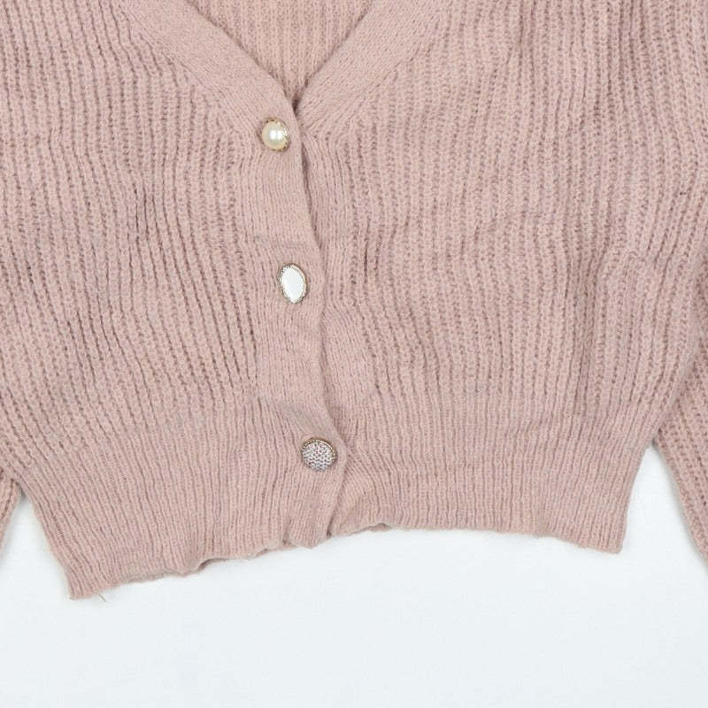 BSB Collection Women’s Pink S Chunky Knit V-Neck Button Cardigan