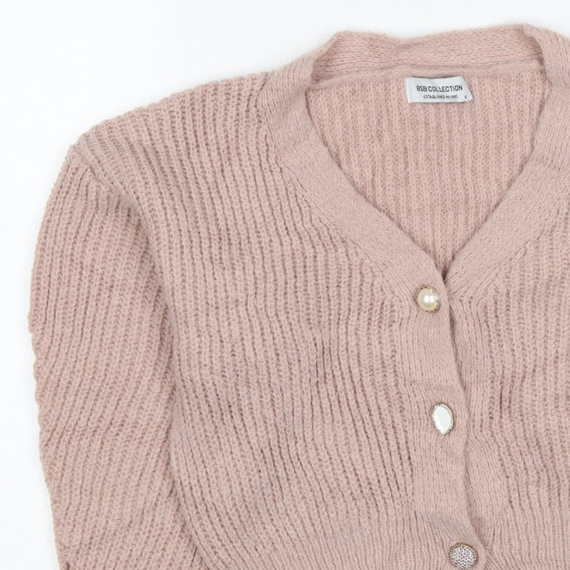 BSB Collection Women’s Pink S Chunky Knit V-Neck Button Cardigan