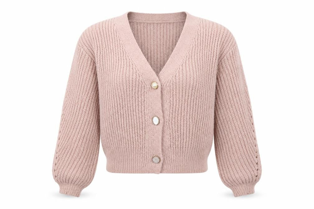 BSB Collection Women’s Pink S Chunky Knit V-Neck Button Cardigan