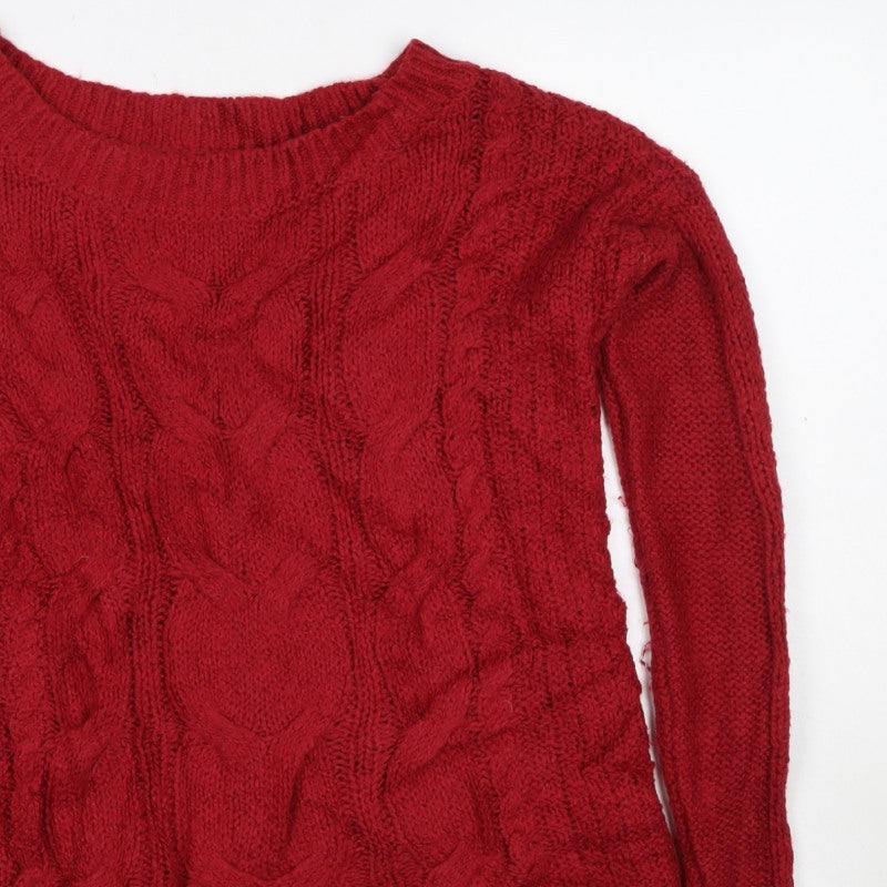 Hollister Women Red S Cable Knit Crew Neck Long Sleeve Jumper
