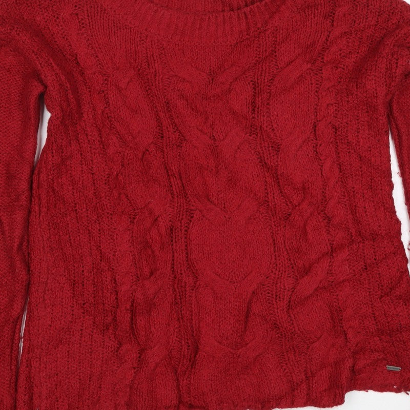 Hollister Women Red S Cable Knit Crew Neck Long Sleeve Jumper