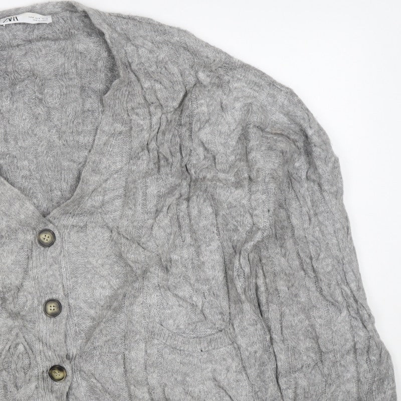 Zara Women Grey M Cable Knit V-Neck Button Cardigan