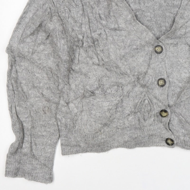 Zara Women Grey M Cable Knit V-Neck Button Cardigan