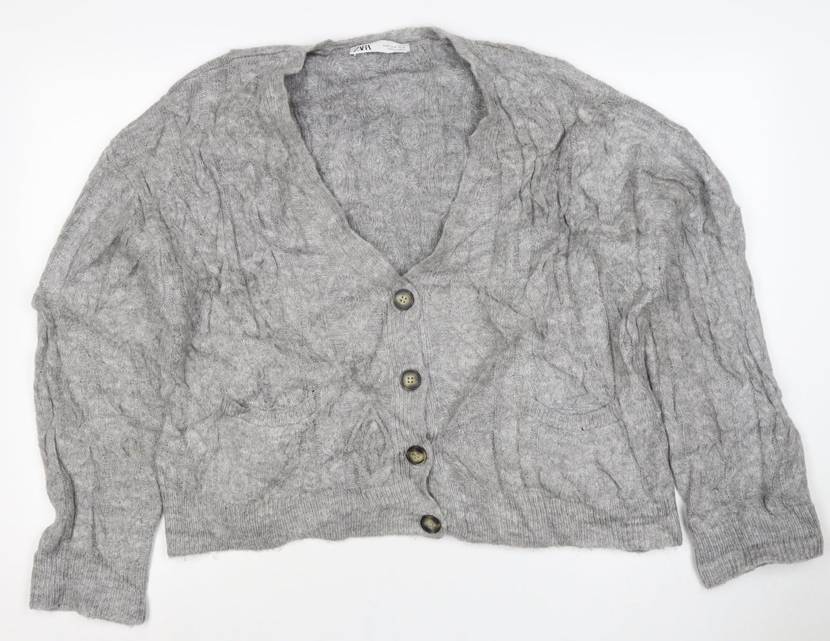 Zara Women Grey M Cable Knit V-Neck Button Cardigan