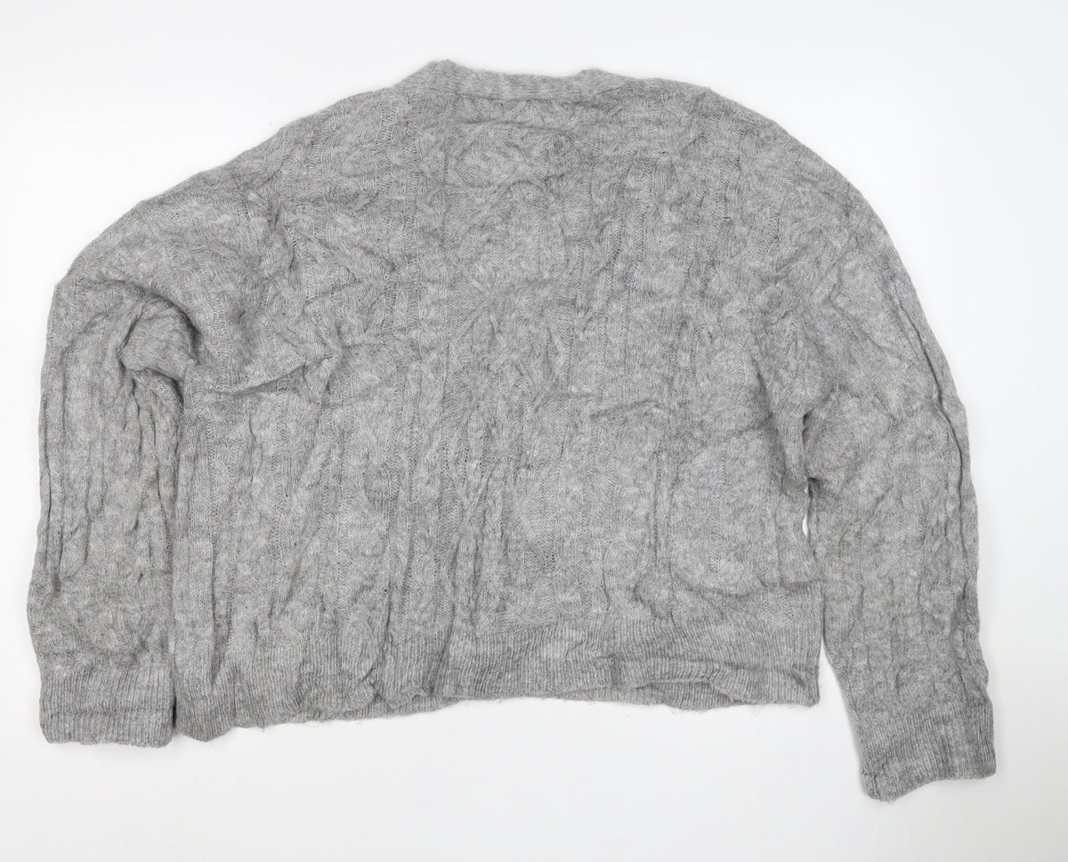 Zara Women Grey M Cable Knit V-Neck Button Cardigan