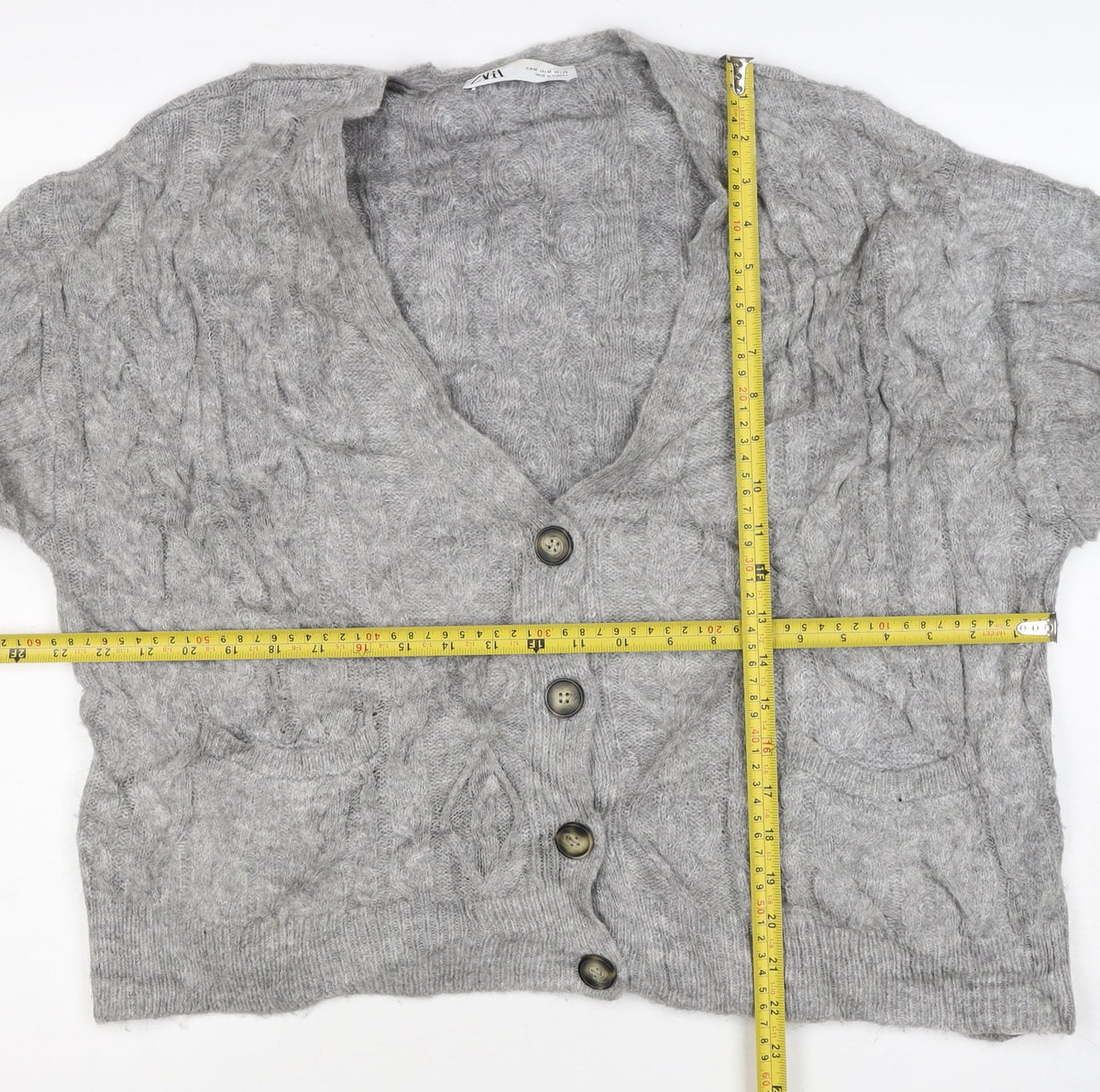 Zara Women Grey M Cable Knit V-Neck Button Cardigan