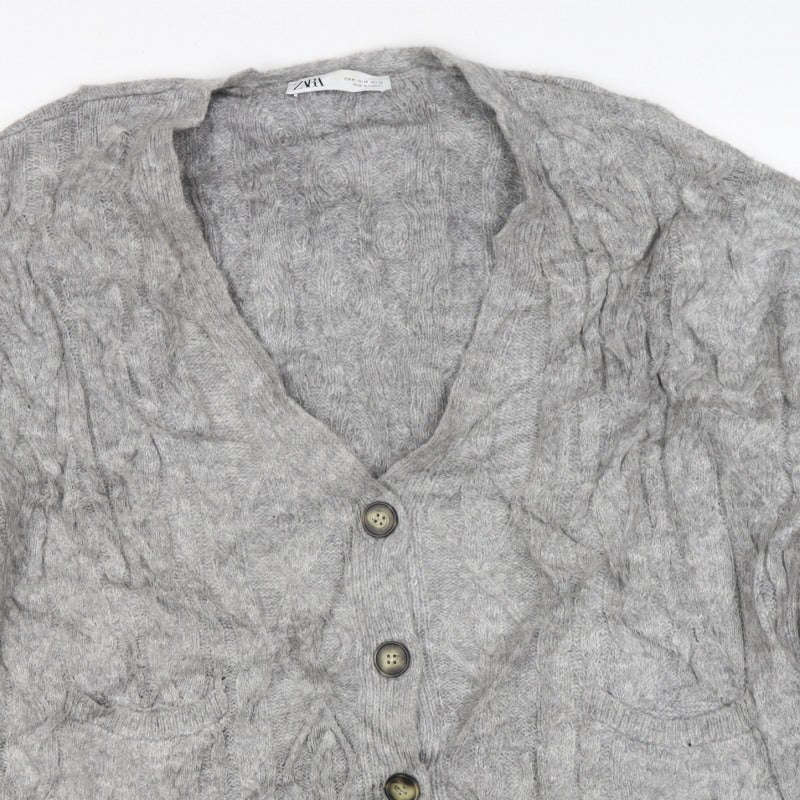 Zara Women Grey M Cable Knit V-Neck Button Cardigan