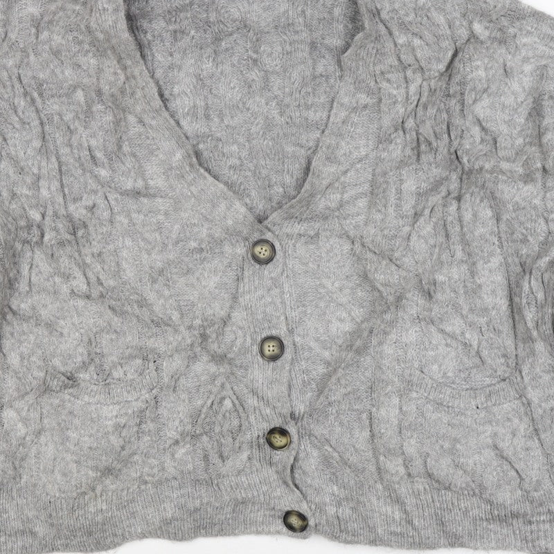 Zara Women Grey M Cable Knit V-Neck Button Cardigan