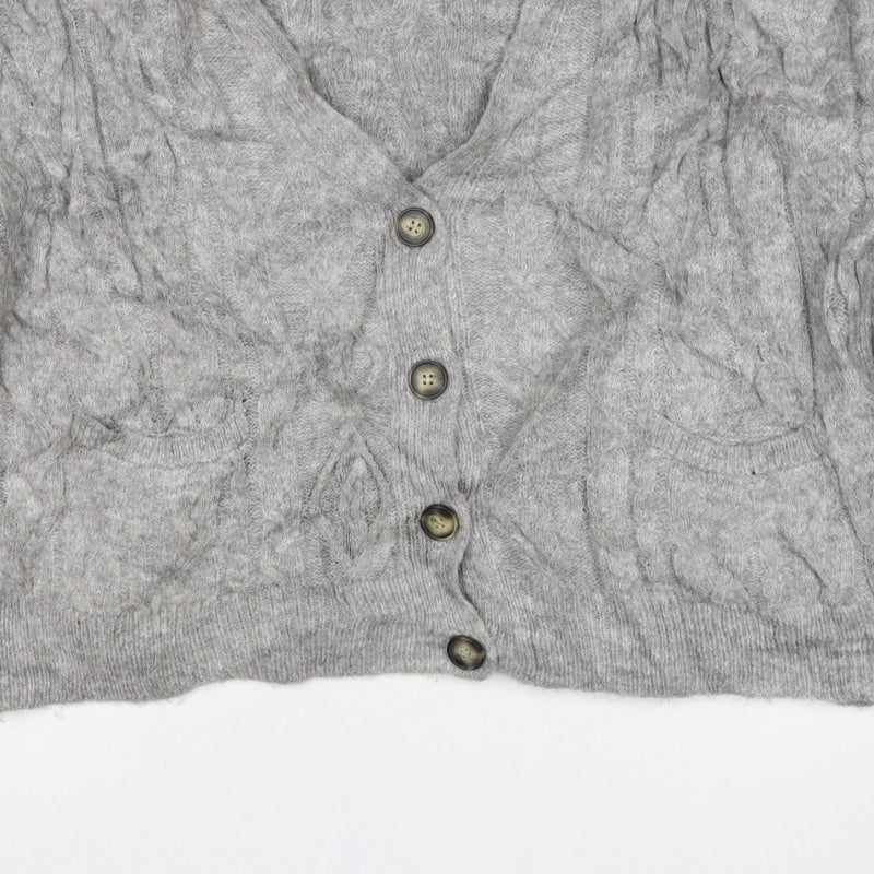 Zara Women Grey M Cable Knit V-Neck Button Cardigan
