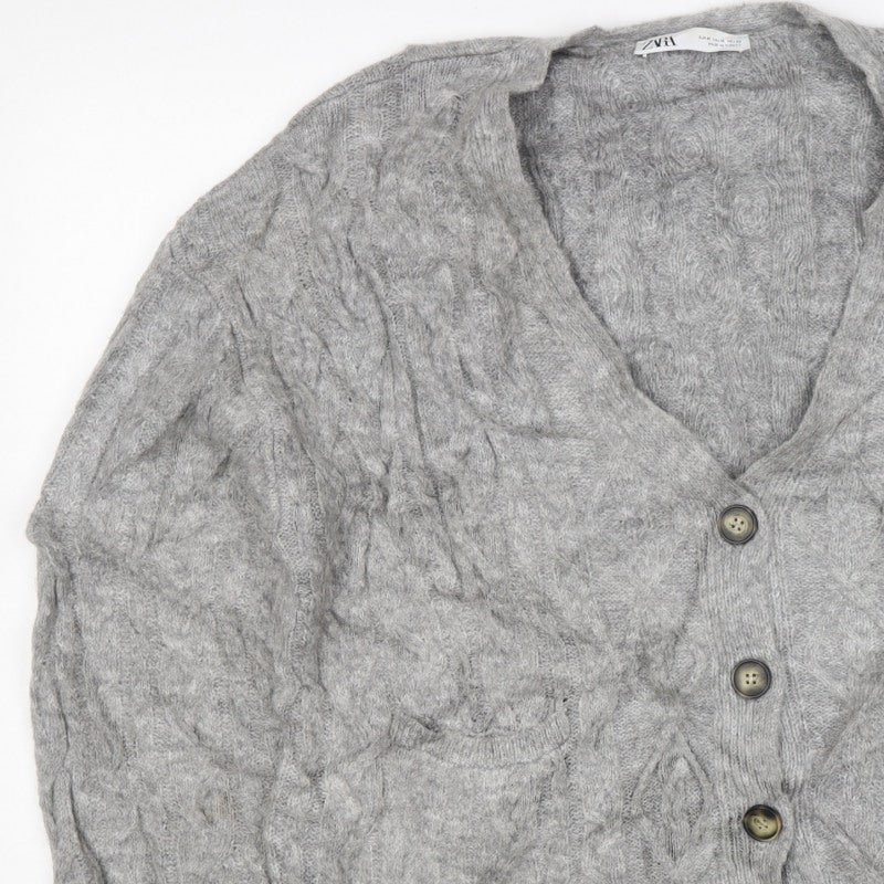 Zara Women Grey M Cable Knit V-Neck Button Cardigan