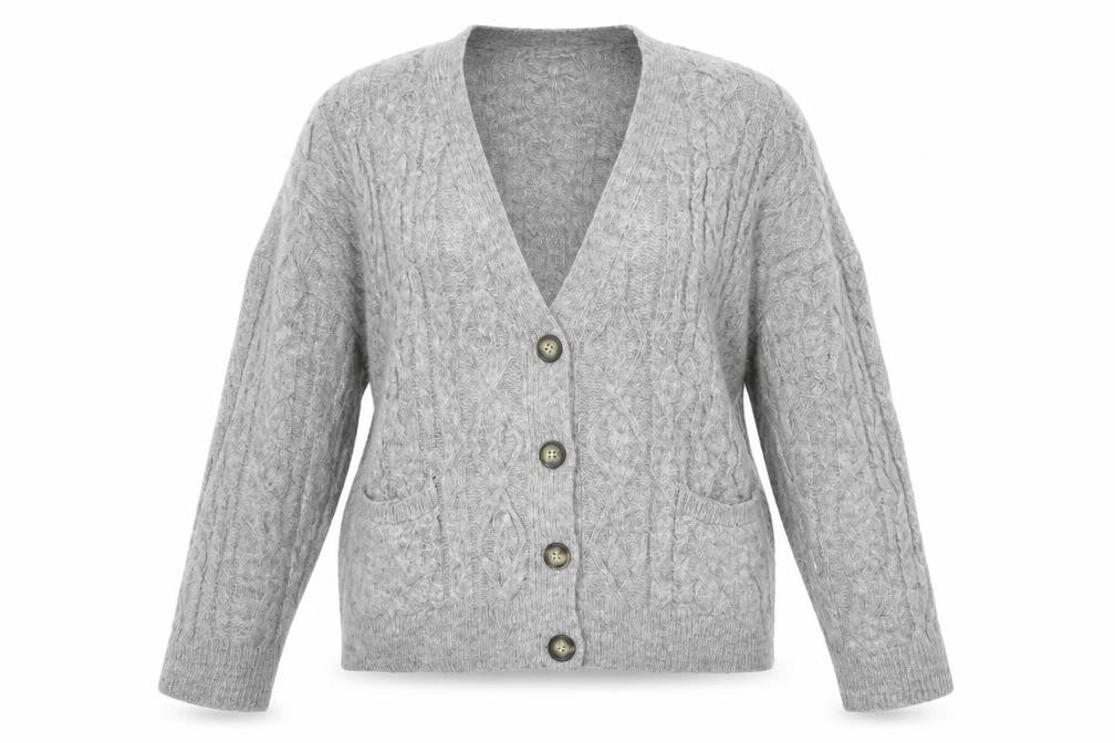 Zara Women Grey M Cable Knit V-Neck Button Cardigan
