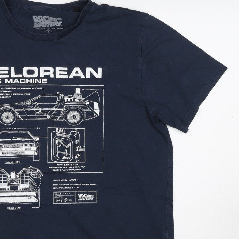 Back to the Future Men’s Blue L DeLorean Time Machine Graphic T-Shirt