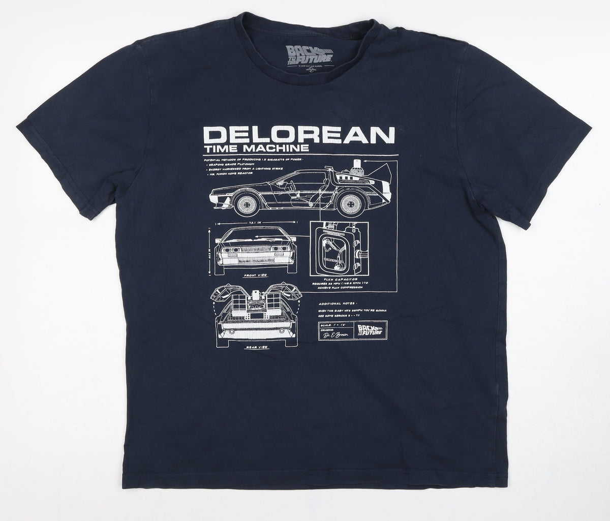 Back to the Future Men’s Blue L DeLorean Time Machine Graphic T-Shirt
