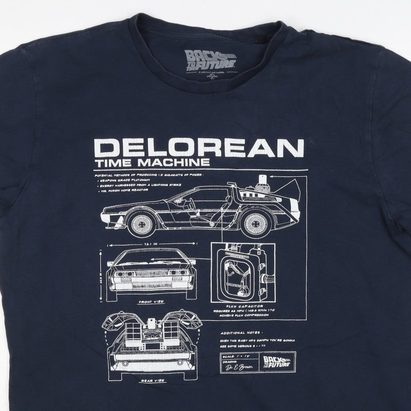 Back to the Future Men’s Blue L DeLorean Time Machine Graphic T-Shirt