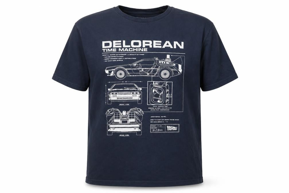 Back to the Future Men’s Blue L DeLorean Time Machine Graphic T-Shirt