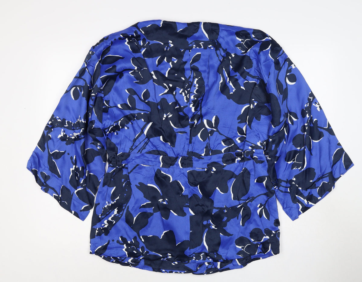Autograph Women’s Blue Floral Kimono Wrap Blouse Size M