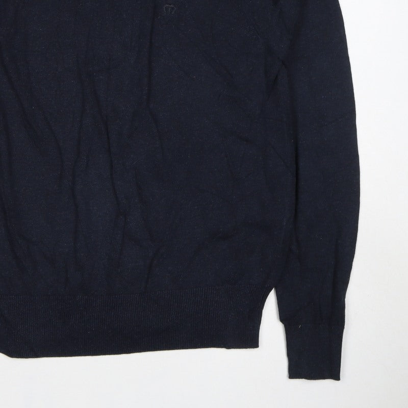 Merc London Men’s Blue S V-Neck Cotton Logo Pullover Jumper