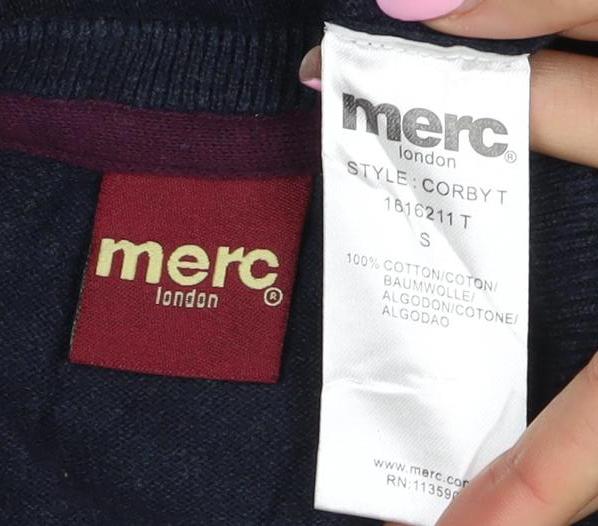 Merc London Men’s Blue S V-Neck Cotton Logo Pullover Jumper