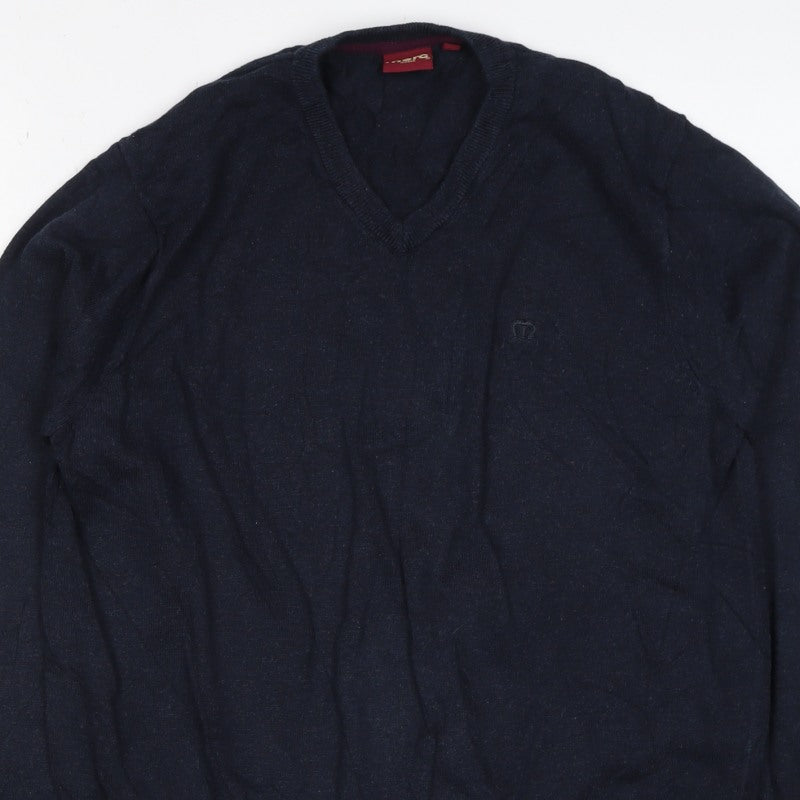 Merc London Men’s Blue S V-Neck Cotton Logo Pullover Jumper
