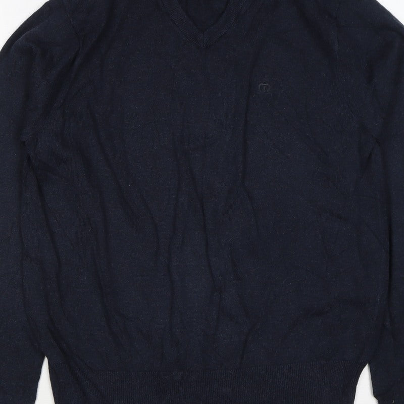 Merc London Men’s Blue S V-Neck Cotton Logo Pullover Jumper
