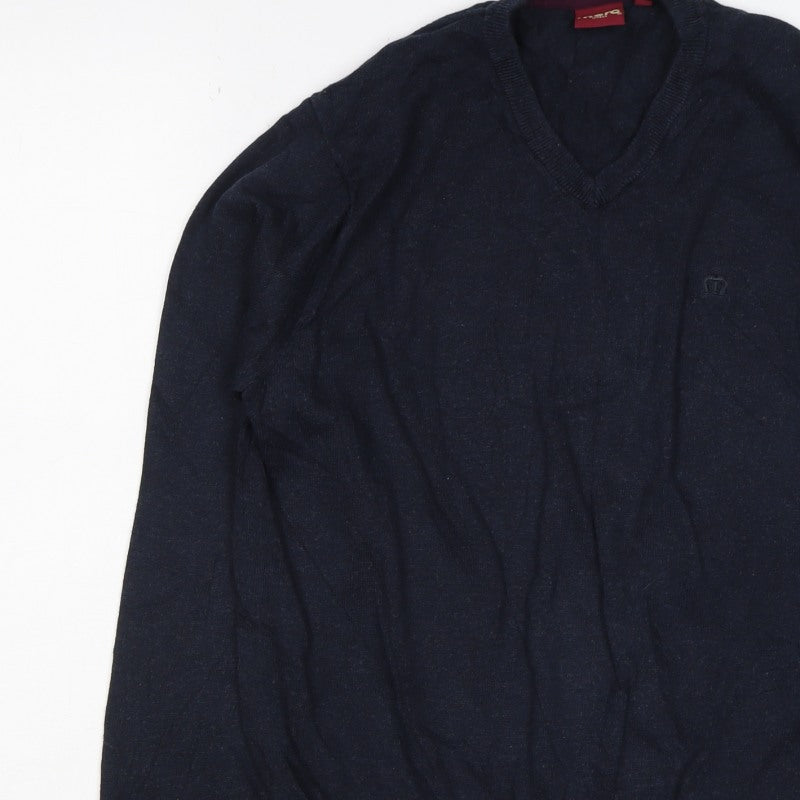 Merc London Men’s Blue S V-Neck Cotton Logo Pullover Jumper