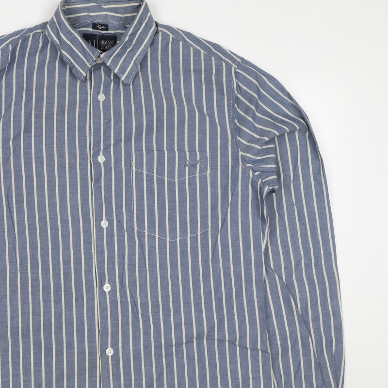 Armani Jeans Men's Blue White Striped S Cotton Long Sleeve Button-Up Shirt