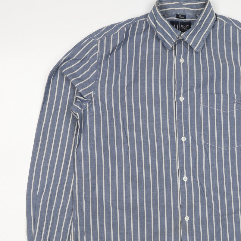 Armani Jeans Men's Blue White Striped S Cotton Long Sleeve Button-Up Shirt