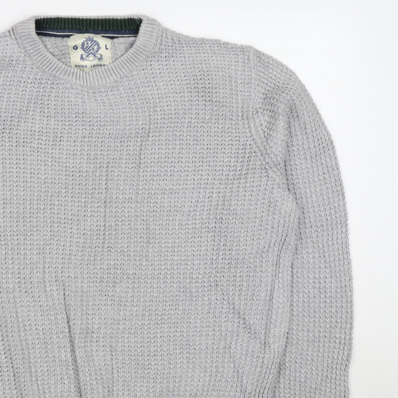 Guide London Men Grey M Cotton Textured Crew Neck Pullover Jumper