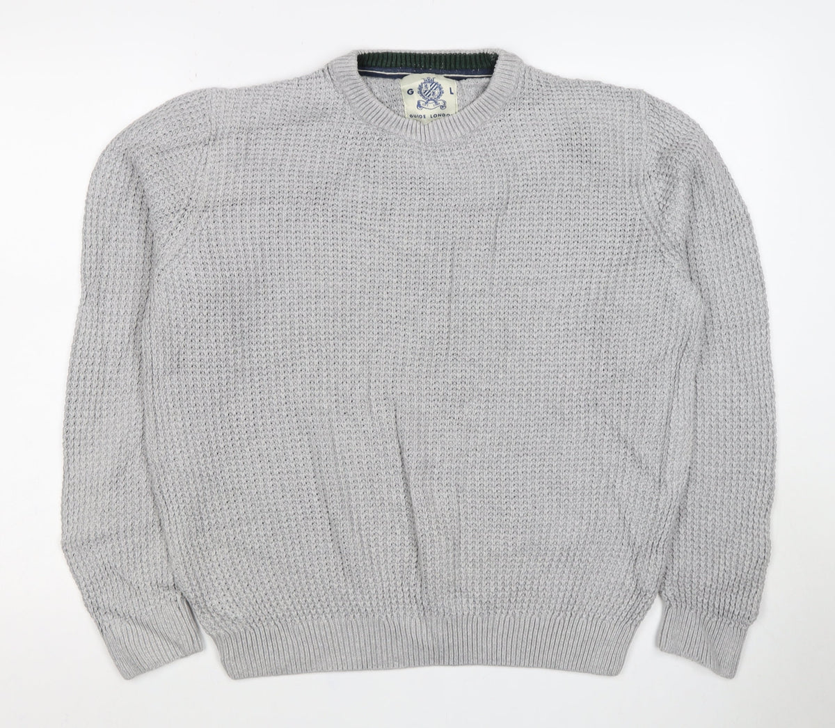 Guide London Men Grey M Cotton Textured Crew Neck Pullover Jumper