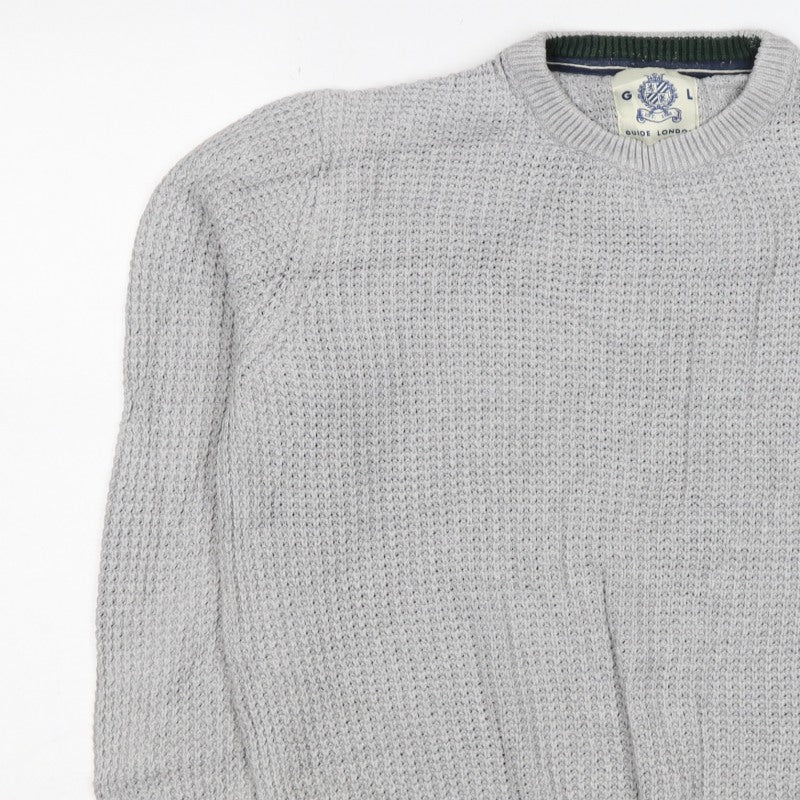Guide London Men Grey M Cotton Textured Crew Neck Pullover Jumper