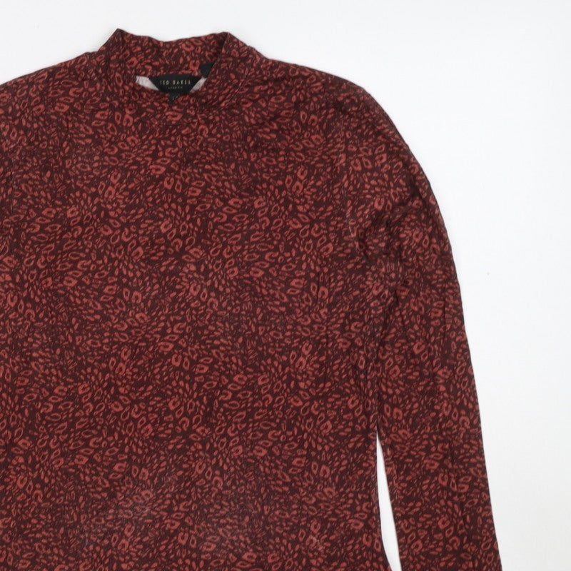 Ted Baker Women’s Red Leopard Print High Neck Stretch Top UK 10