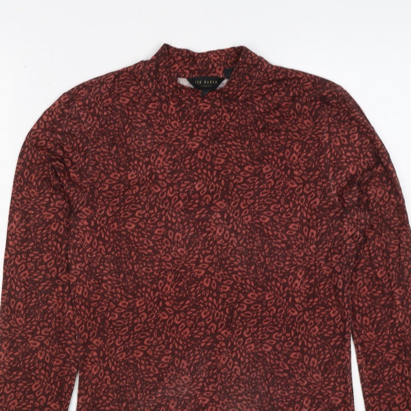 Ted Baker Women’s Red Leopard Print High Neck Stretch Top UK 10