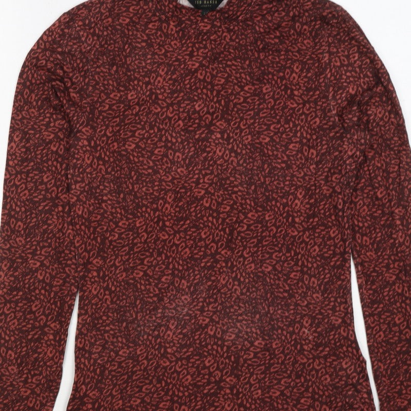 Ted Baker Women’s Red Leopard Print High Neck Stretch Top UK 10
