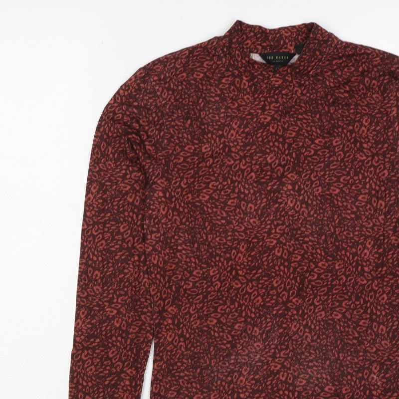 Ted Baker Women’s Red Leopard Print High Neck Stretch Top UK 10