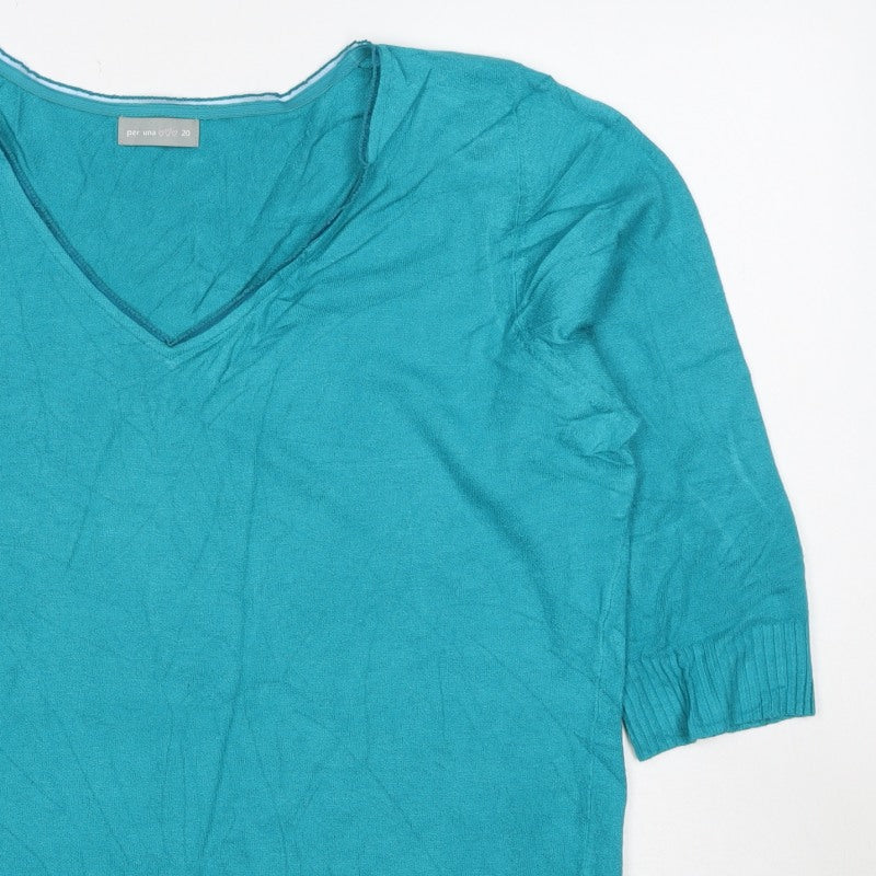 Per Una Women’s Blue UK 20 Cotton Knit V-Neck 3/4 Sleeve Top