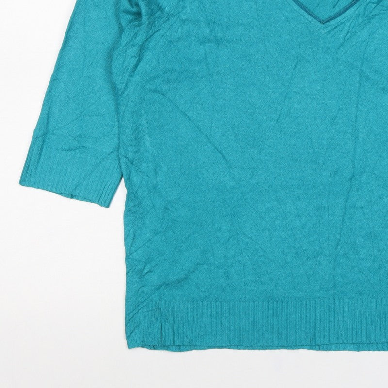 Per Una Women’s Blue UK 20 Cotton Knit V-Neck 3/4 Sleeve Top