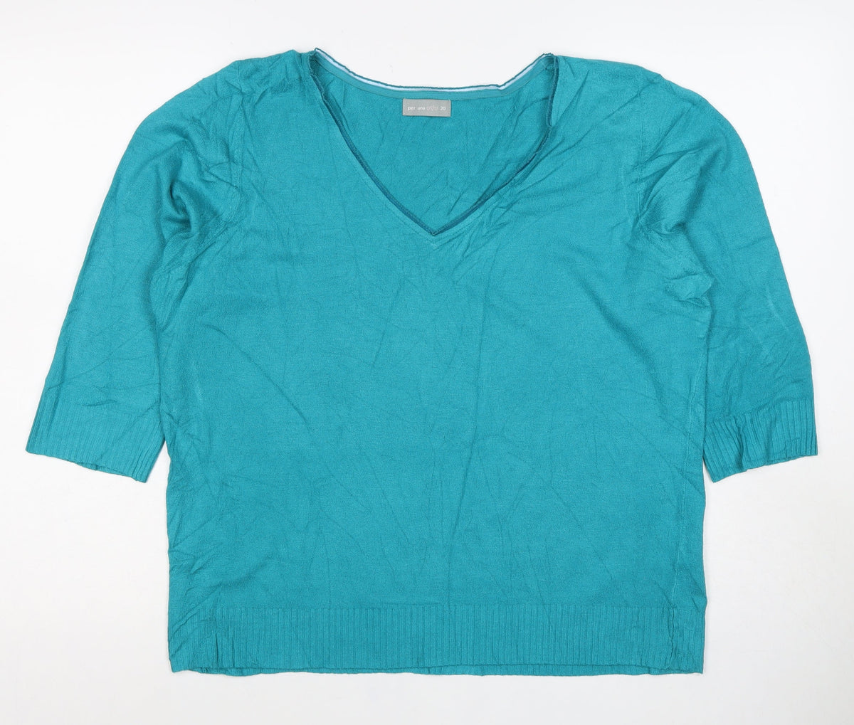 Per Una Women’s Blue UK 20 Cotton Knit V-Neck 3/4 Sleeve Top