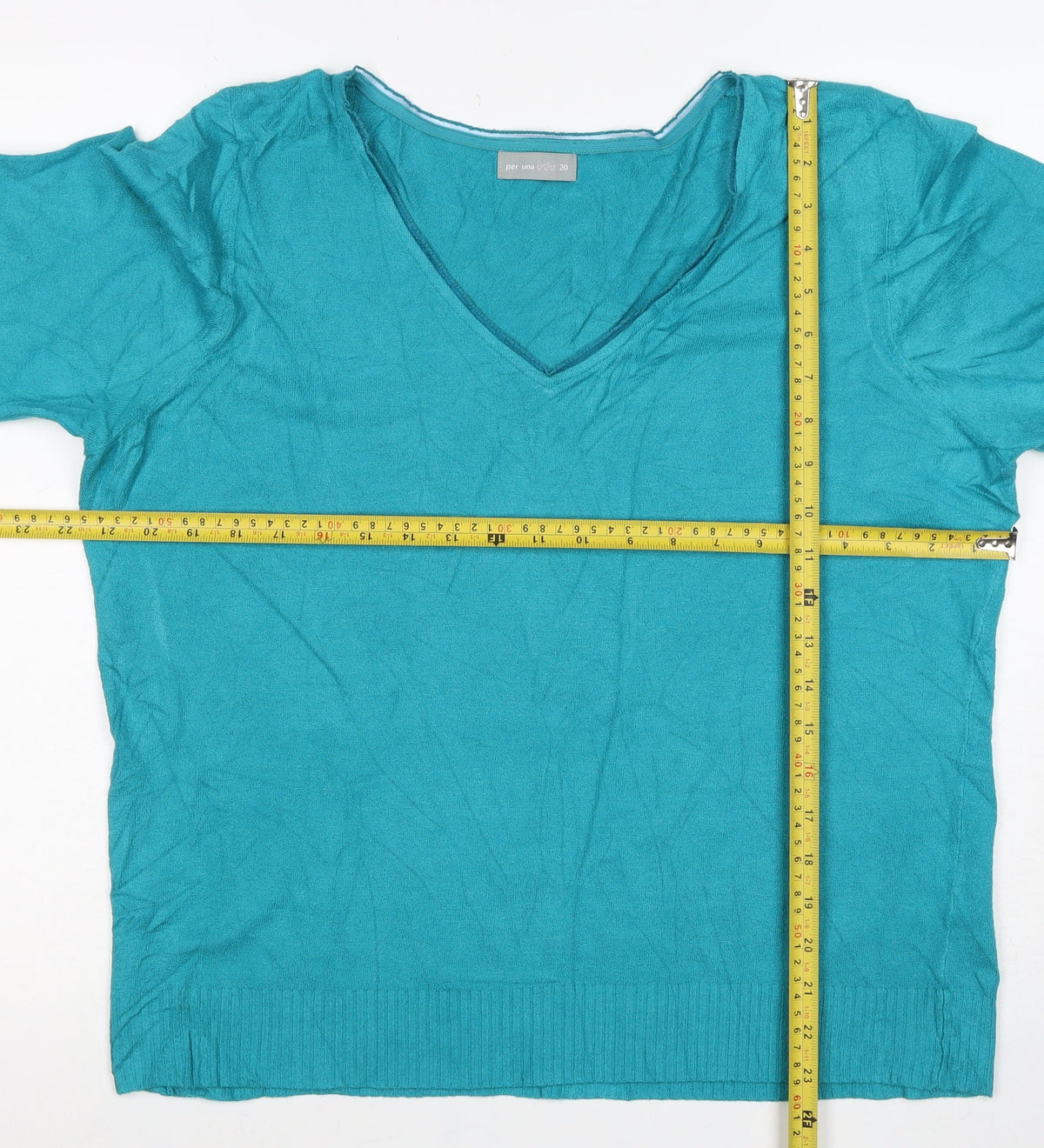 Per Una Women’s Blue UK 20 Cotton Knit V-Neck 3/4 Sleeve Top