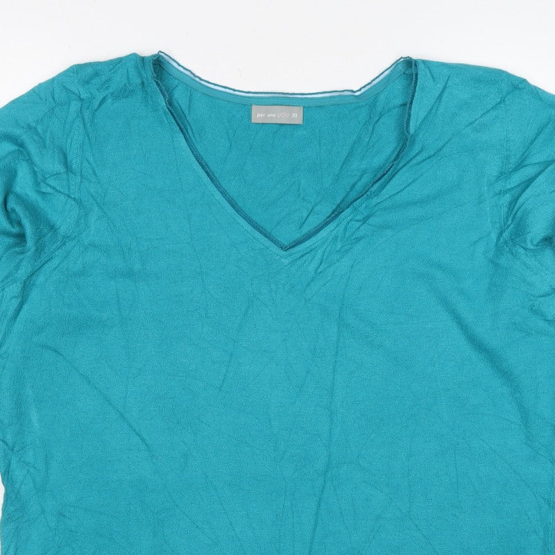 Per Una Women’s Blue UK 20 Cotton Knit V-Neck 3/4 Sleeve Top