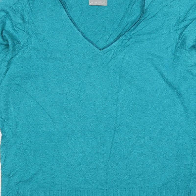 Per Una Women’s Blue UK 20 Cotton Knit V-Neck 3/4 Sleeve Top