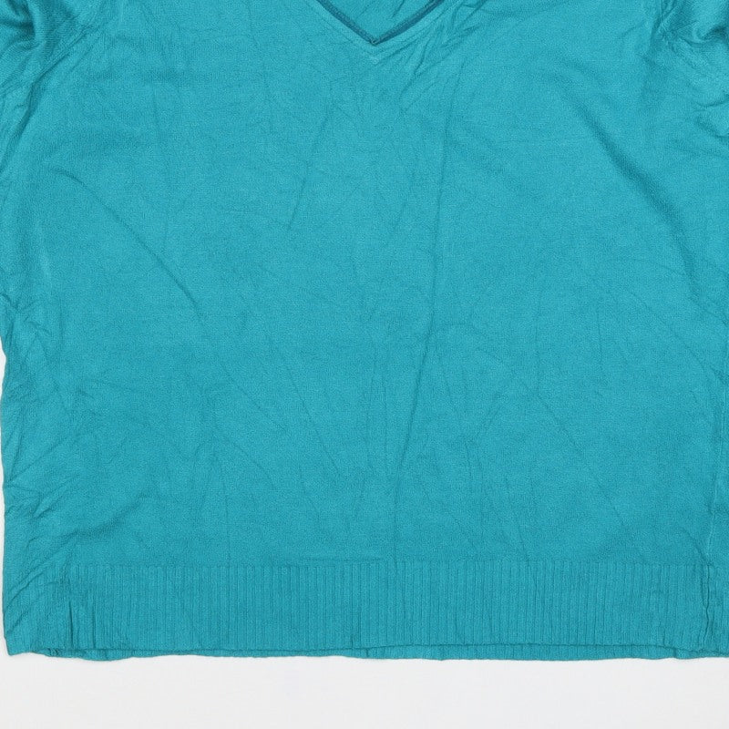 Per Una Women’s Blue UK 20 Cotton Knit V-Neck 3/4 Sleeve Top