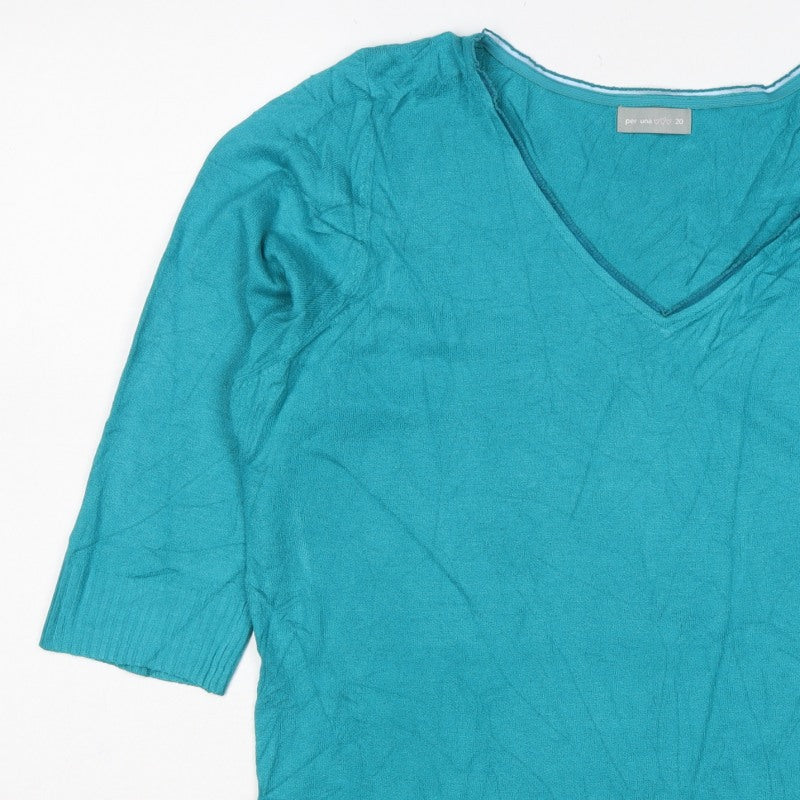 Per Una Women’s Blue UK 20 Cotton Knit V-Neck 3/4 Sleeve Top