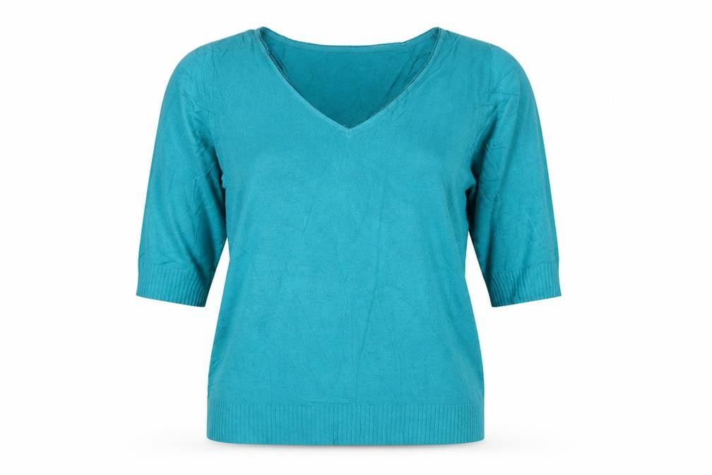 Per Una Women’s Blue UK 20 Cotton Knit V-Neck 3/4 Sleeve Top